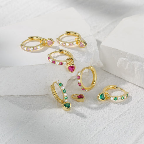 Heart Hoop Earrings with Zircon – Pink, Green, or Rose Red - Zafari Studio Jewelry